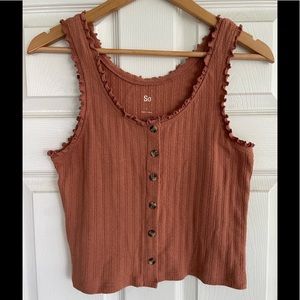 SO Rusty brown cotton cropped tank top, Sz Large, curled edge & button details